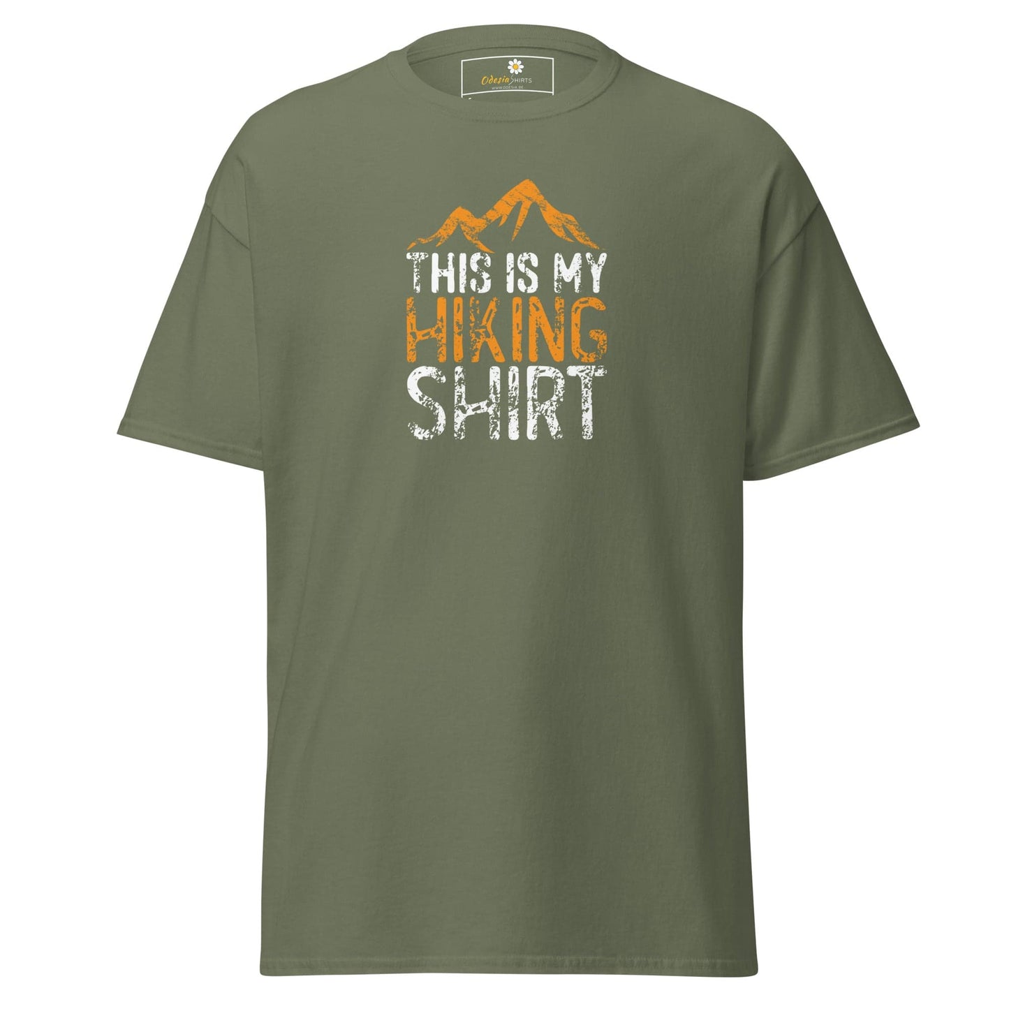 Olive green T-shirt with hiking graphic for men and women in size S to XL