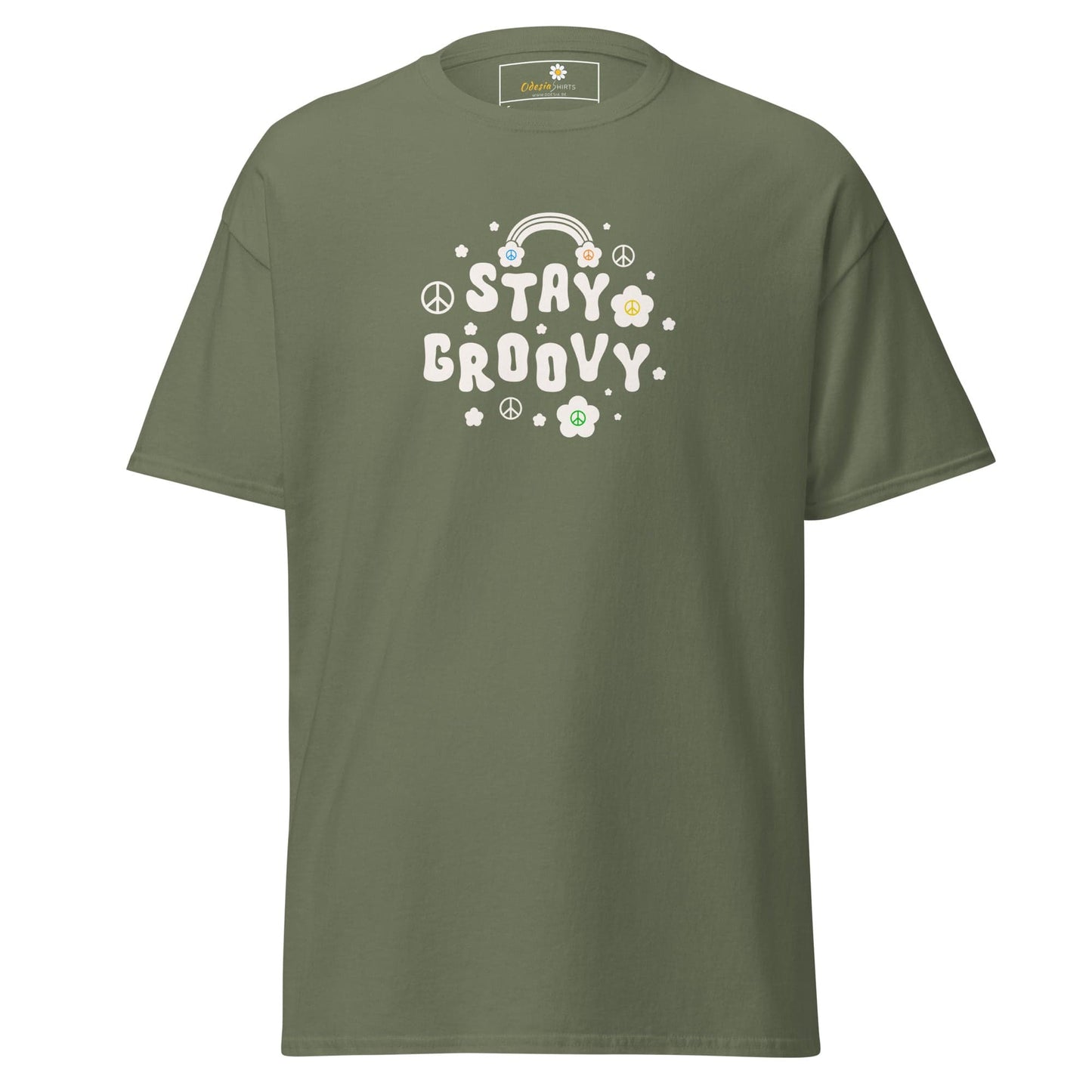 Unisex classic t-shirt - POSITIVE STAY GROOVY FLOWERS - REGULAR - Military Green / S
