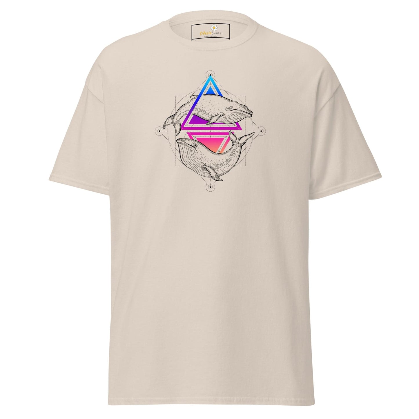 Beige T-shirt with whale design available in S to XL for men and women