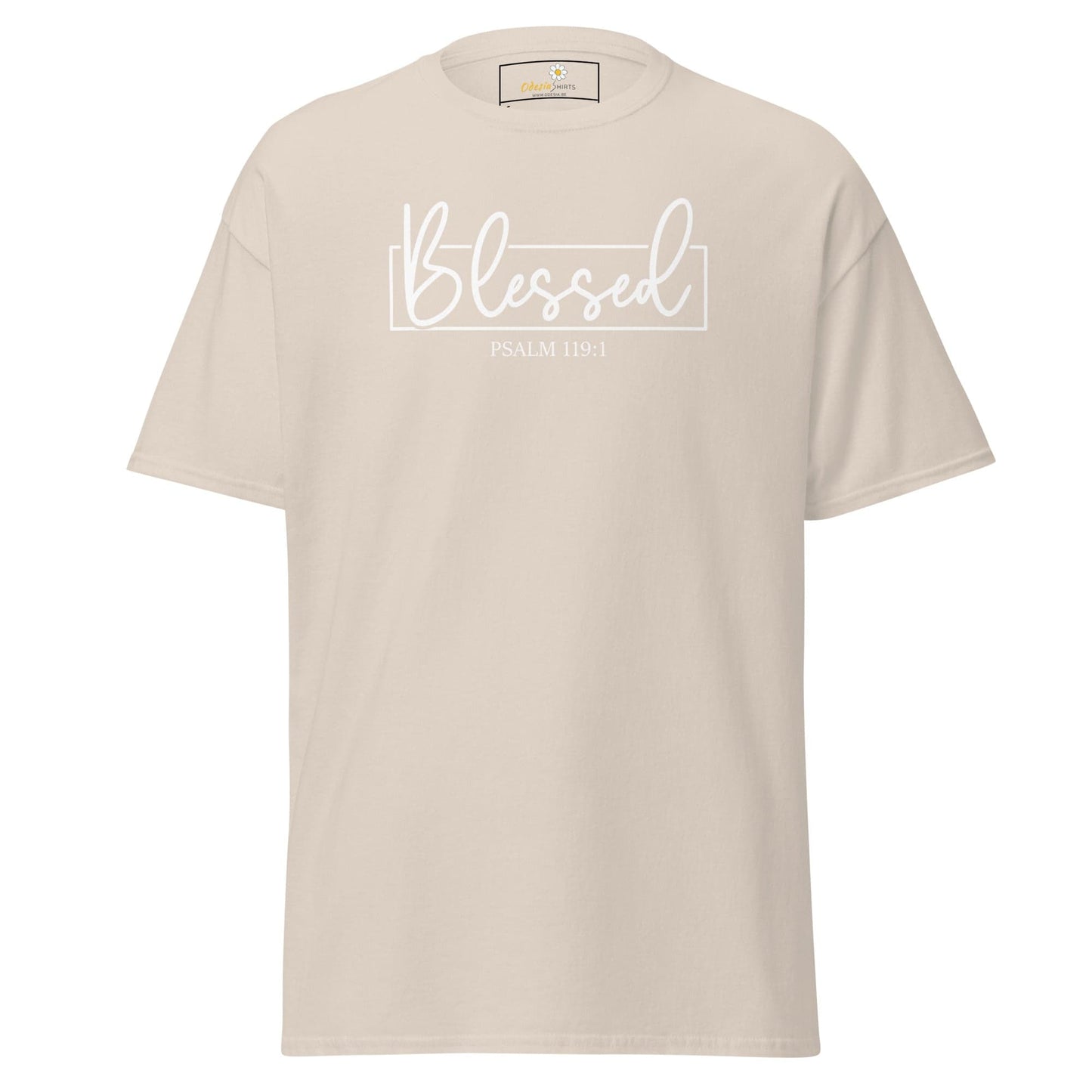 Beige T-shirt with Blessed graphic for Men and Women available in sizes S to XL