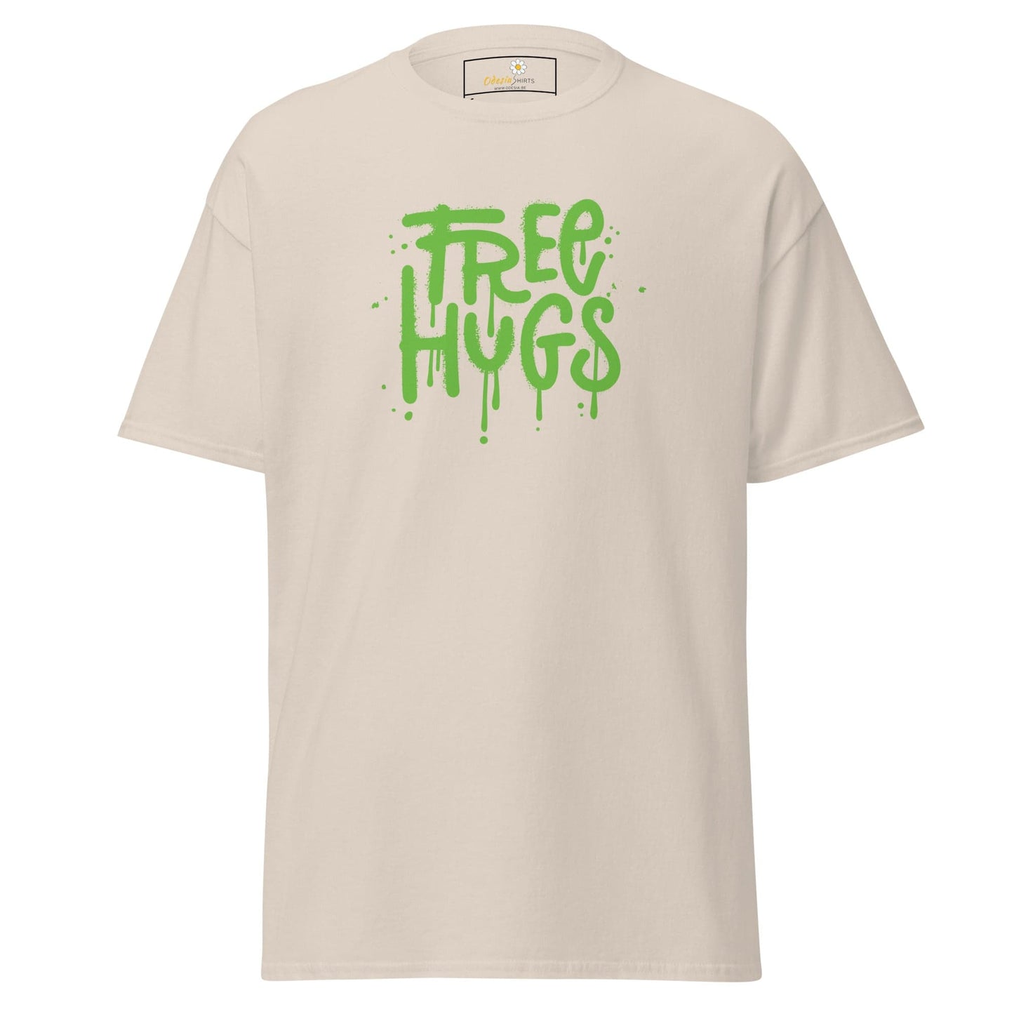Beige T-shirt with green Free Hugs graphic, ideal for men and women sizes S to XL