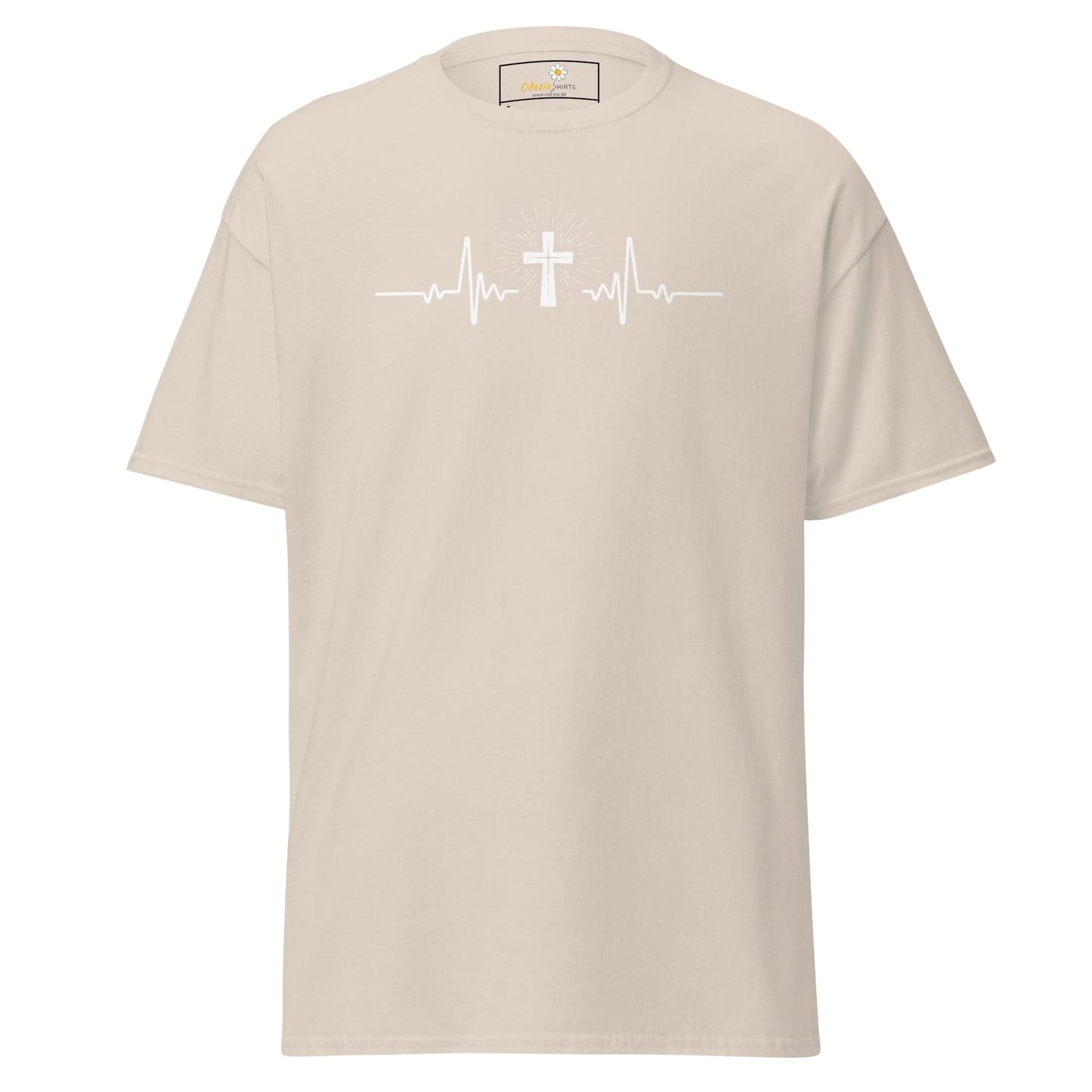 Beige T-Shirt with white heartbeat and cross graphic for Men and Women, S to XL