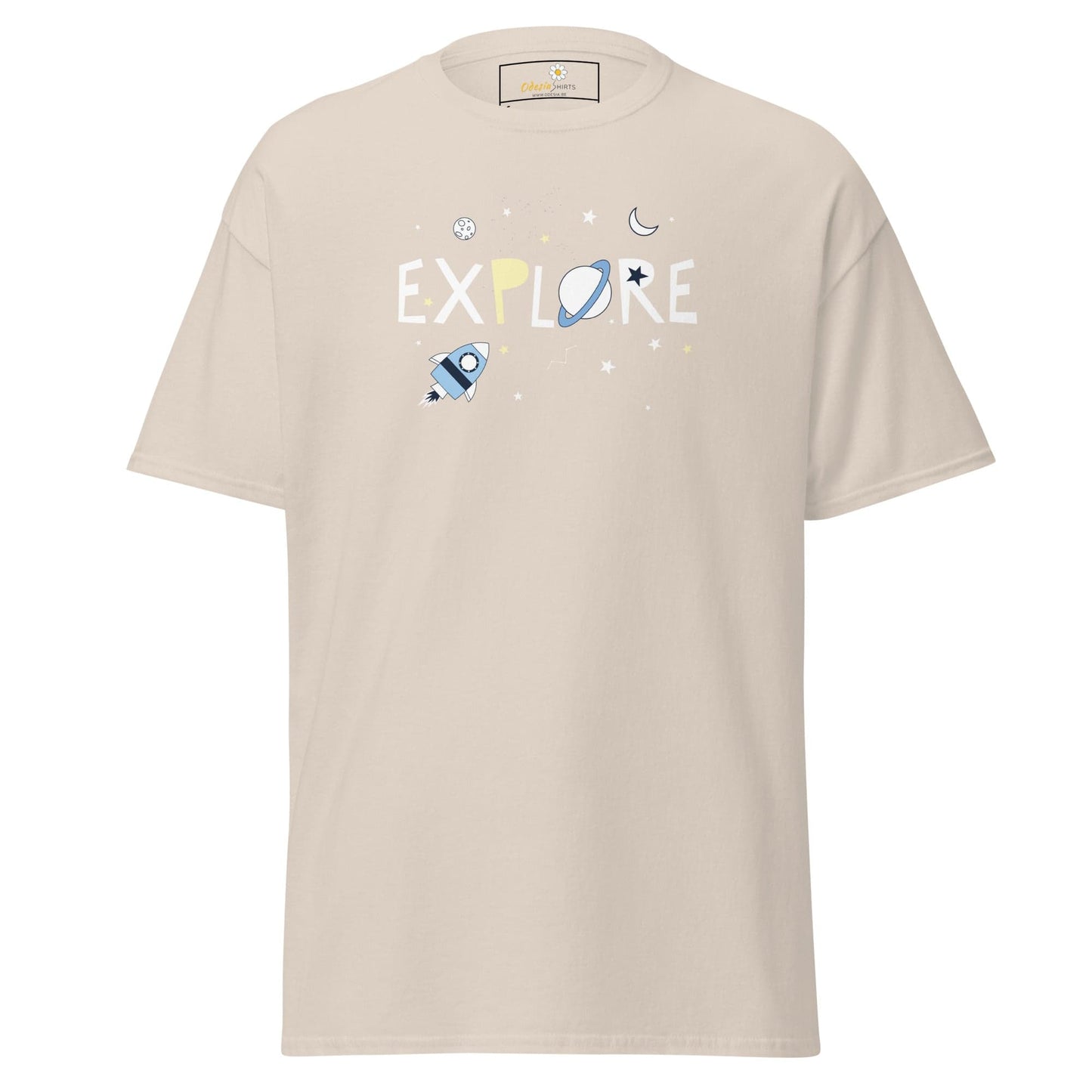Beige T-shirt with space-themed design suitable for Men and Women in size S to XL