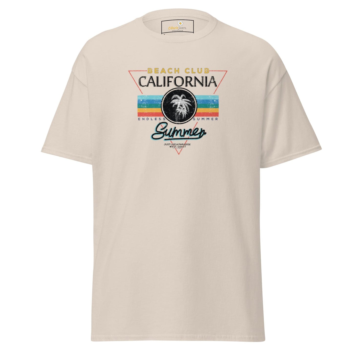 Beige T-shirt with a Beach Club graphic, suitable for men and women, available S to XL