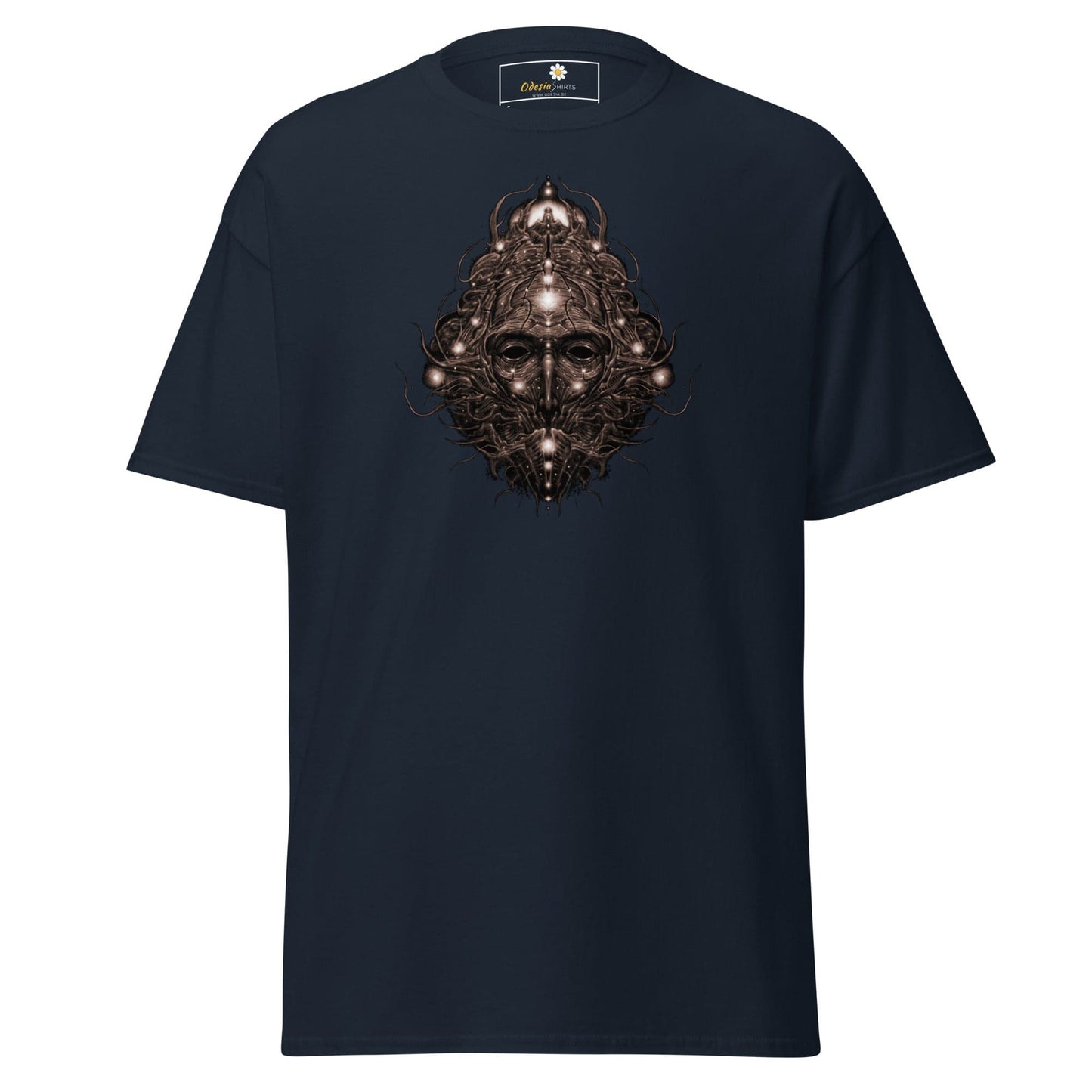 Navy blue T-shirt with face design for men and women, available in sizes S to XL