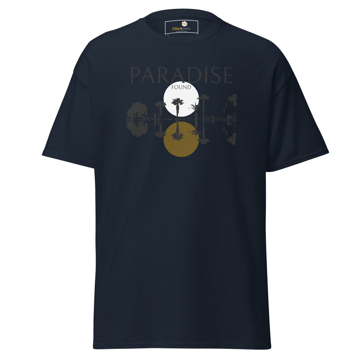 Navy blue T-shirt with beach-themed graphic for men and women in sizes S to XL