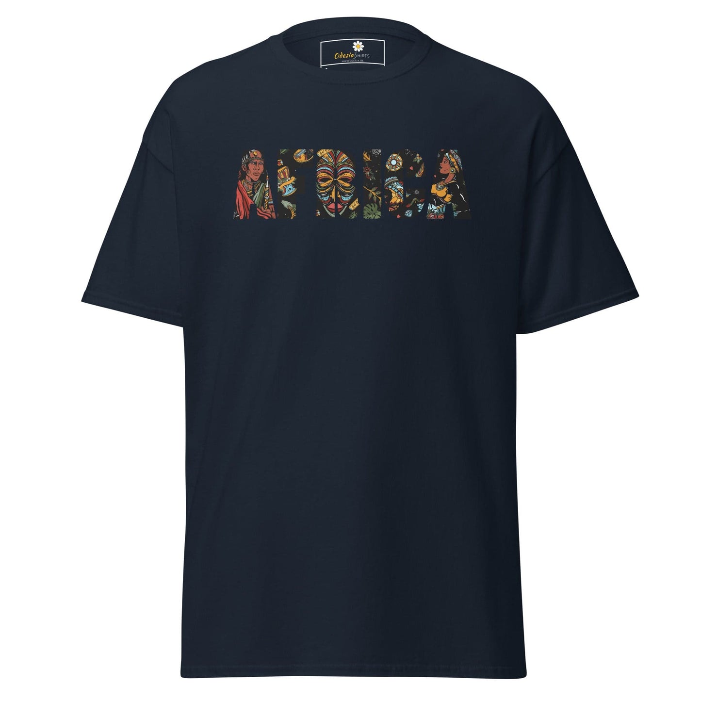 Navy blue T-shirt with colorful AFRICA graphic for men and women available in sizes S to XL