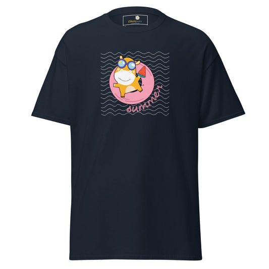 Navy blue T-shirt with cartoon graphic for men and women in sizes S to XL