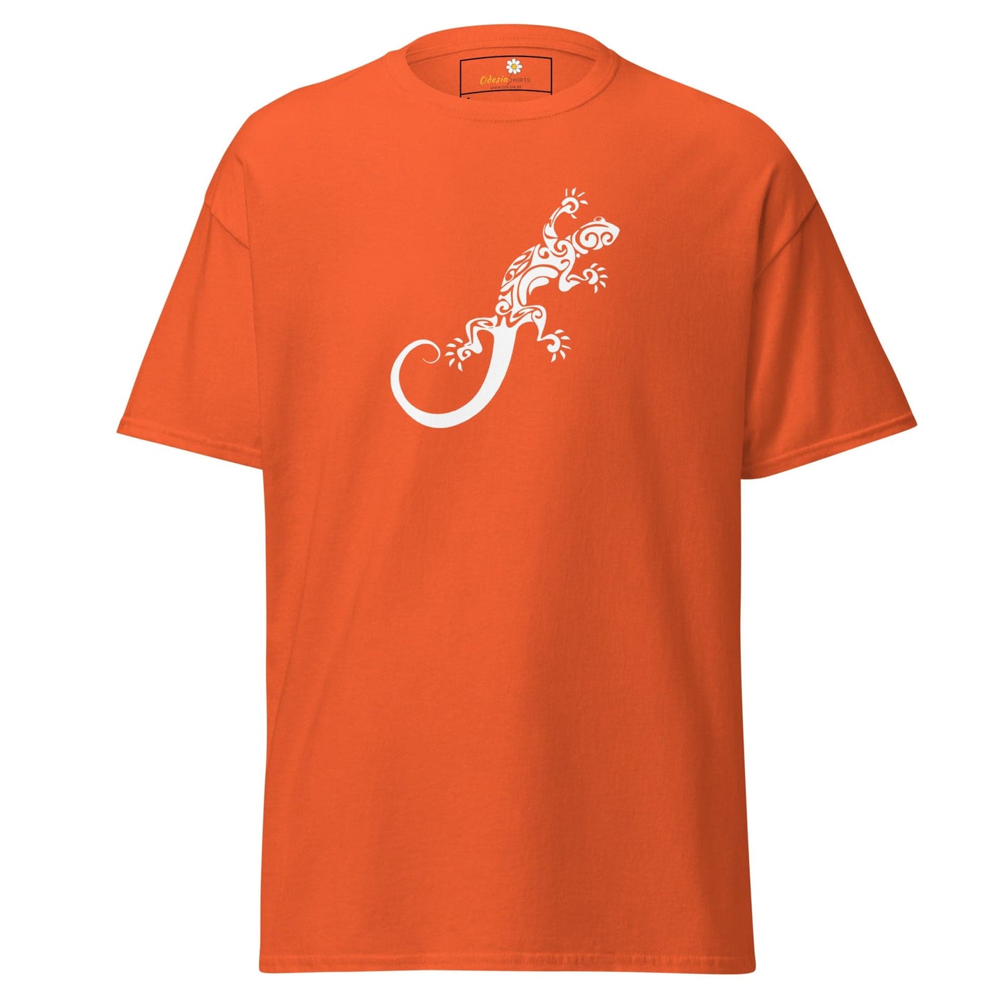Orange T-shirt with white lizard design for Men and Women in sizes S to XL