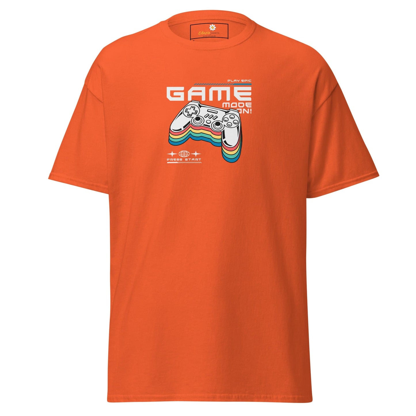 Orange T-shirt with gaming controller graphic in the T-Shirt Design Tee for men and women