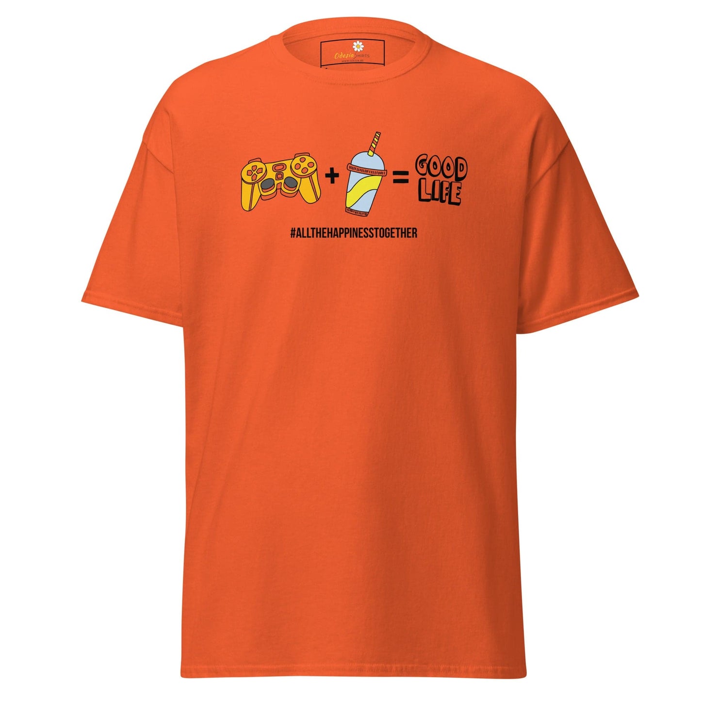 Orange T-shirt with gaming and beverage graphic, suitable for men and women sizes S to XL