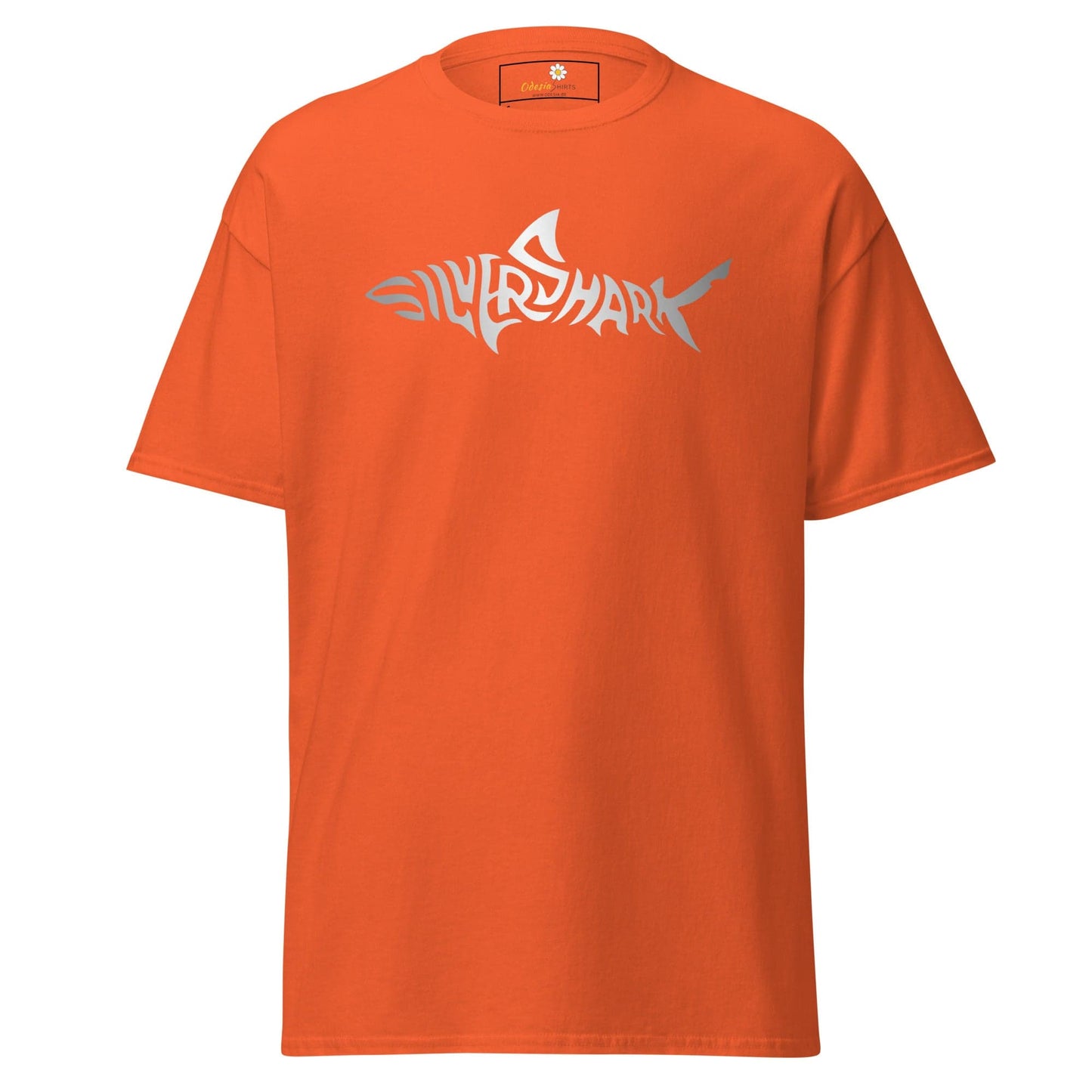 Orange T-shirt with shark-shaped text design for Men and Women in sizes S to XL