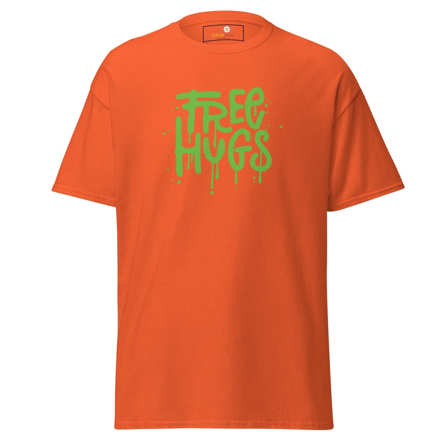 Orange T-shirt for men and women with green Free Hugs graphic in size S to XL