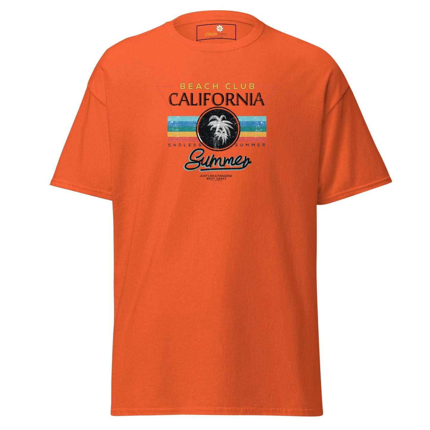 Orange T-shirt featuring a beach club design for men and women in sizes S to XL