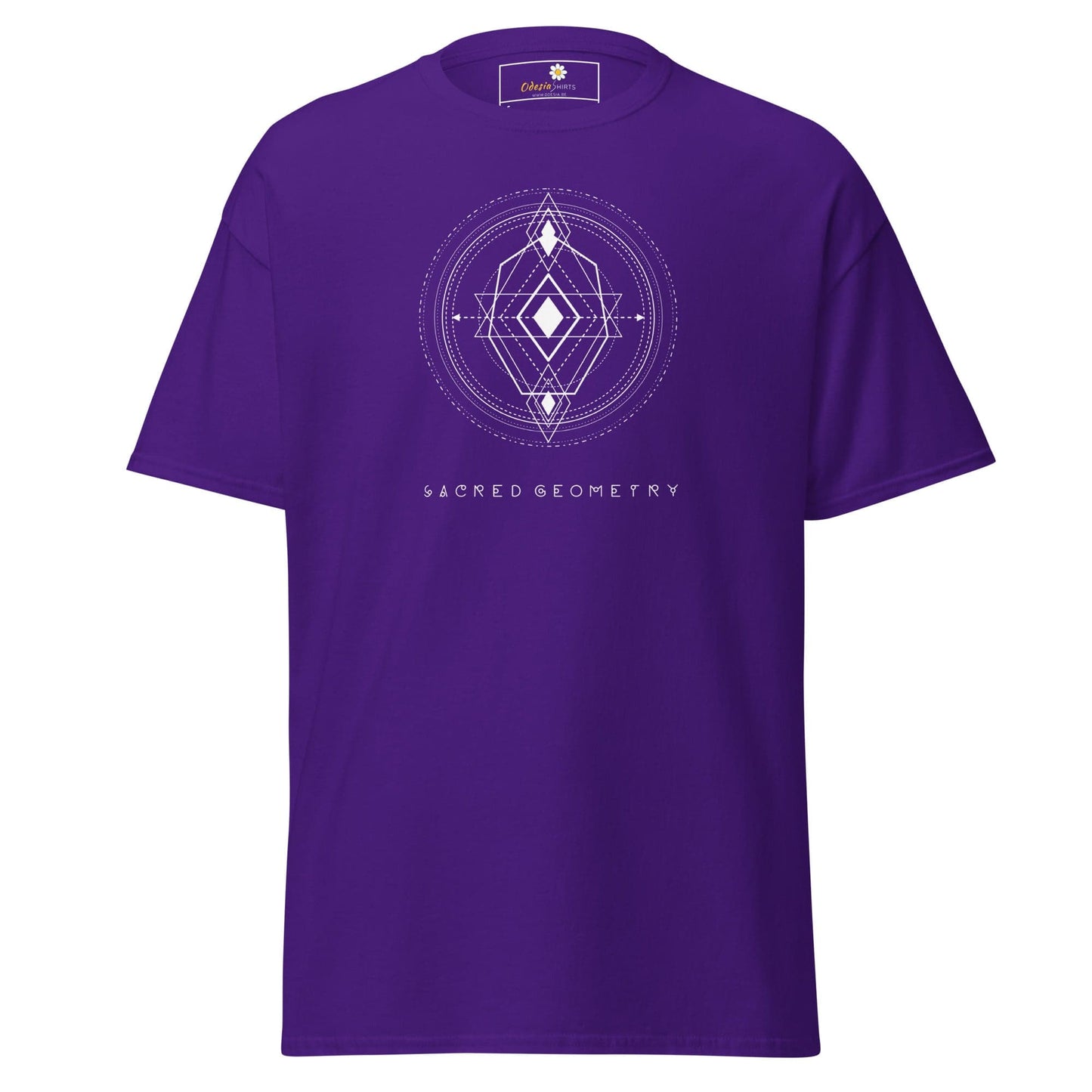 Purple T-shirt with geometric design for men and women available in sizes S to XL