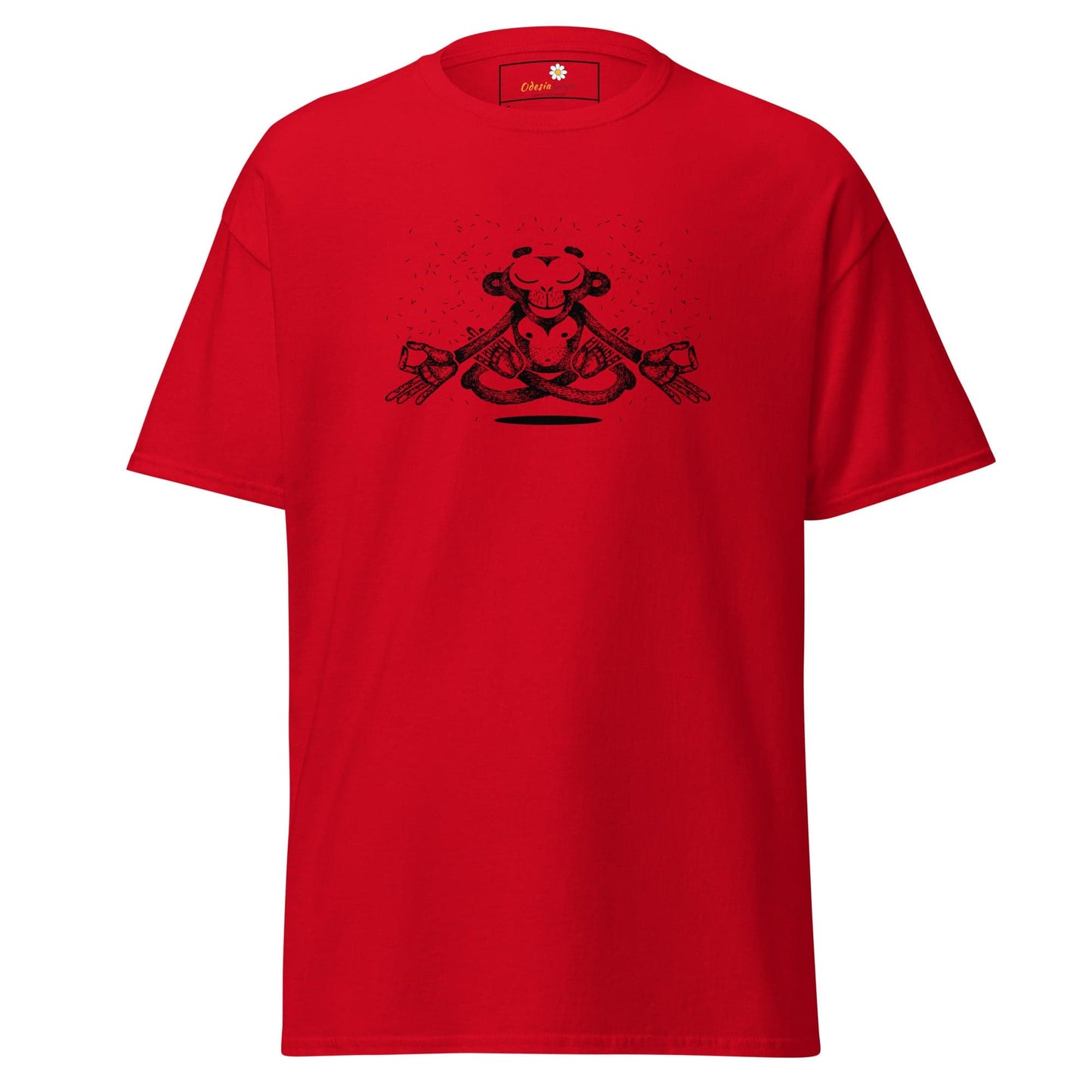 Red T-shirt with black graphic design, suitable for Men and Women, available in S to XL sizes