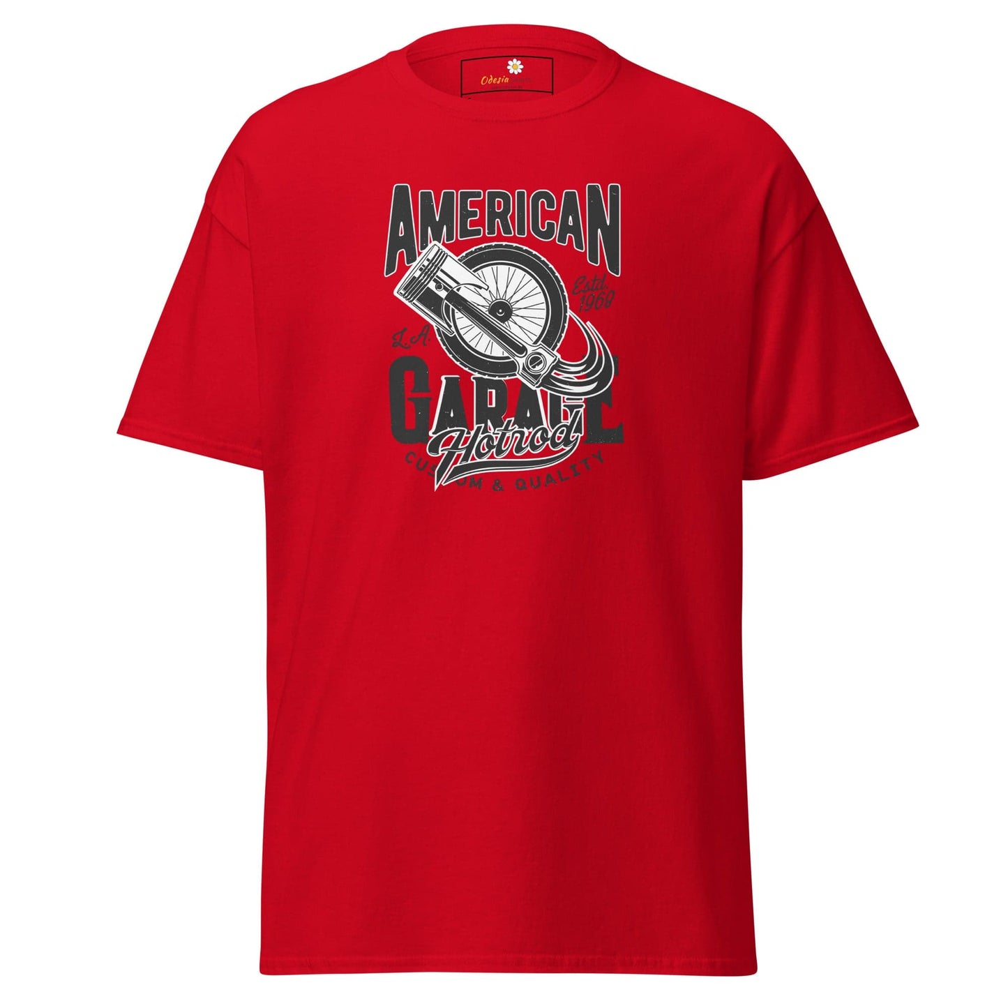 Red T-shirt with graphic design for men and women available in sizes S to XL
