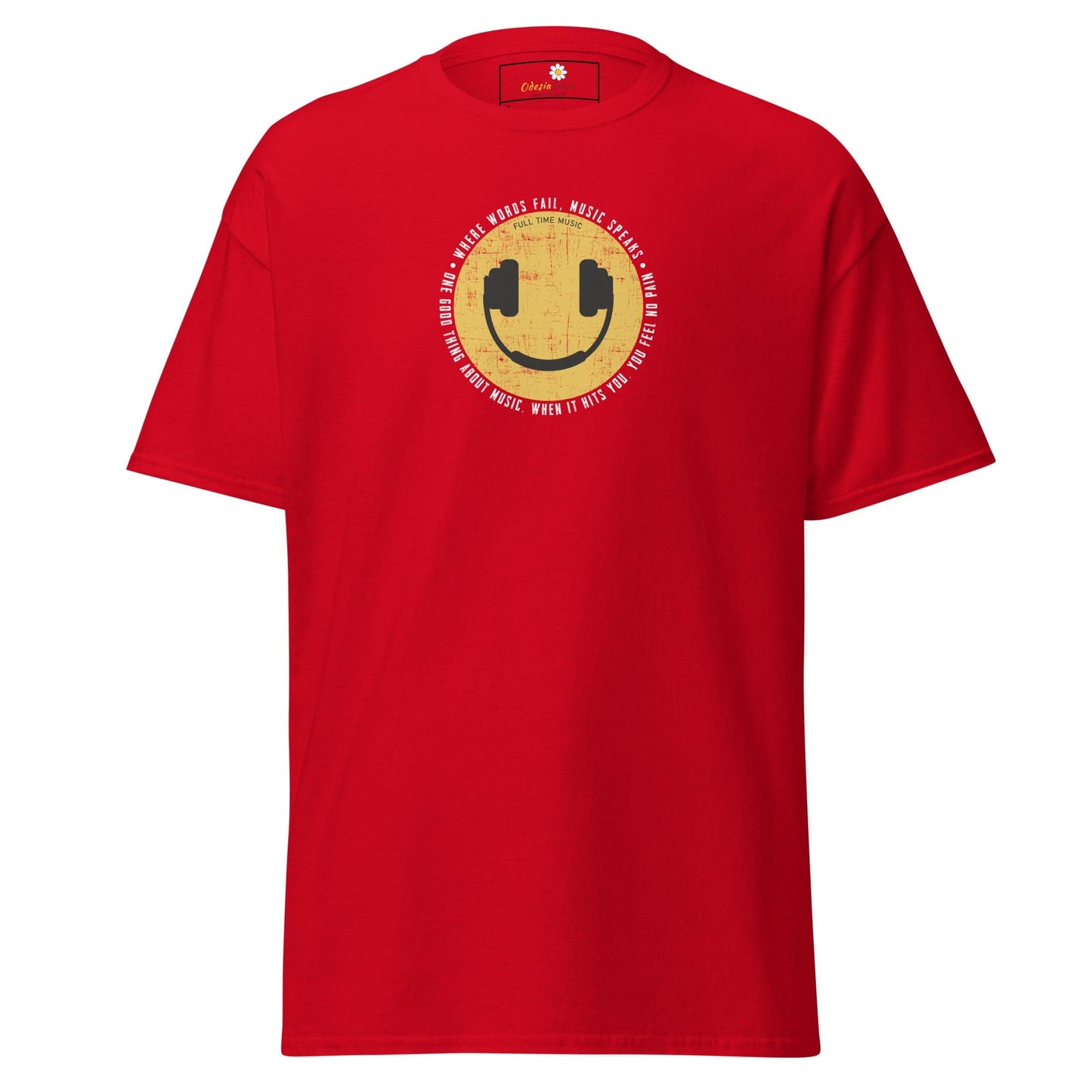 Red T-shirt with smiley face and headphones for Men and Women in S to XL sizes