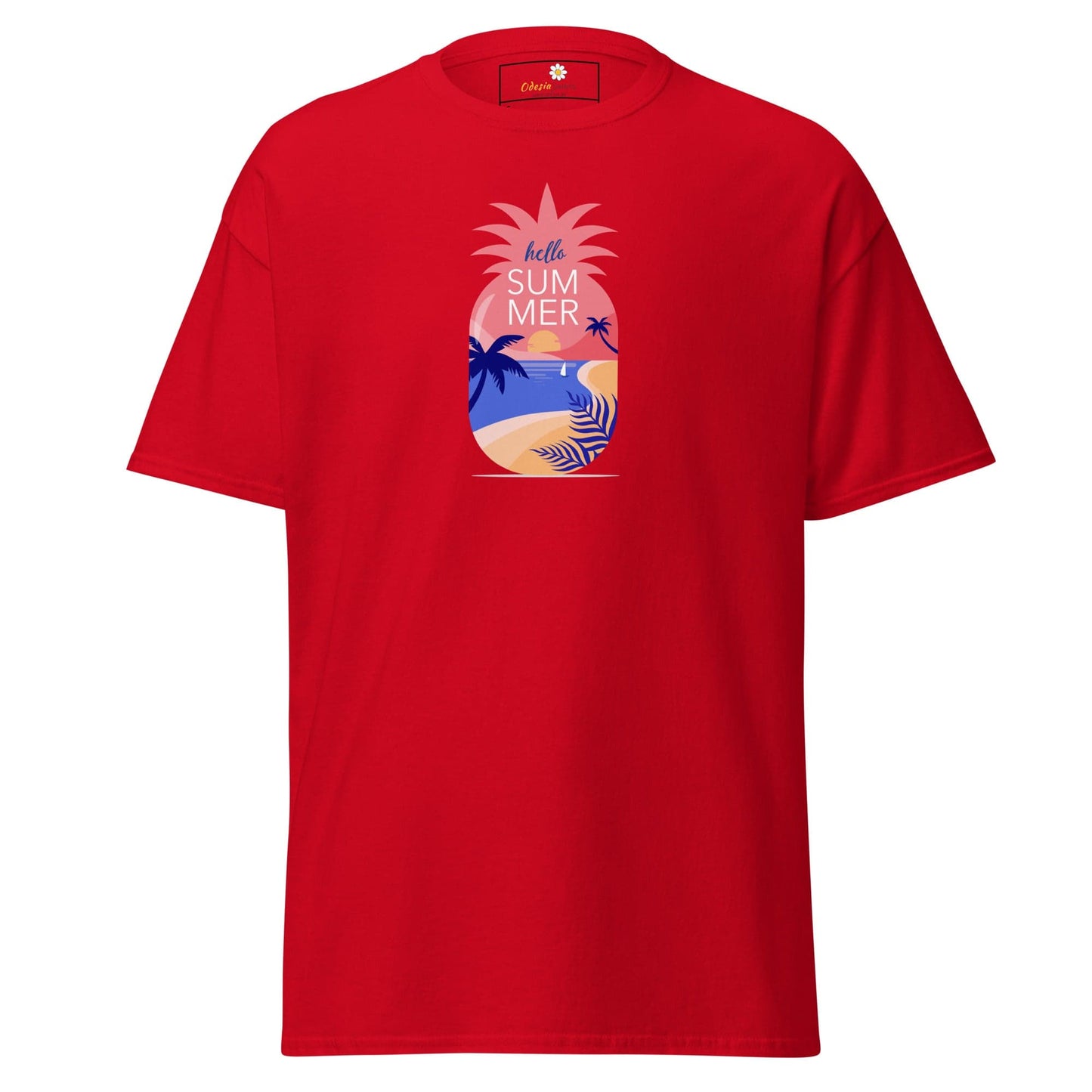 Red T-shirt with pineapple beach design for Men and Women, available in sizes S through XL