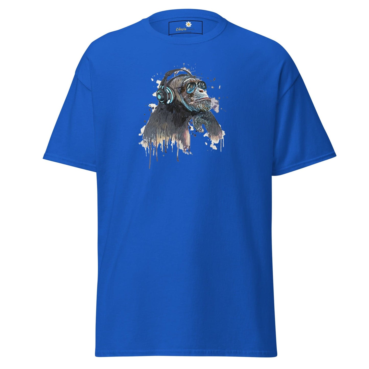 Blue T-shirt with chimpanzee graphic for men and women, available in sizes S to XL