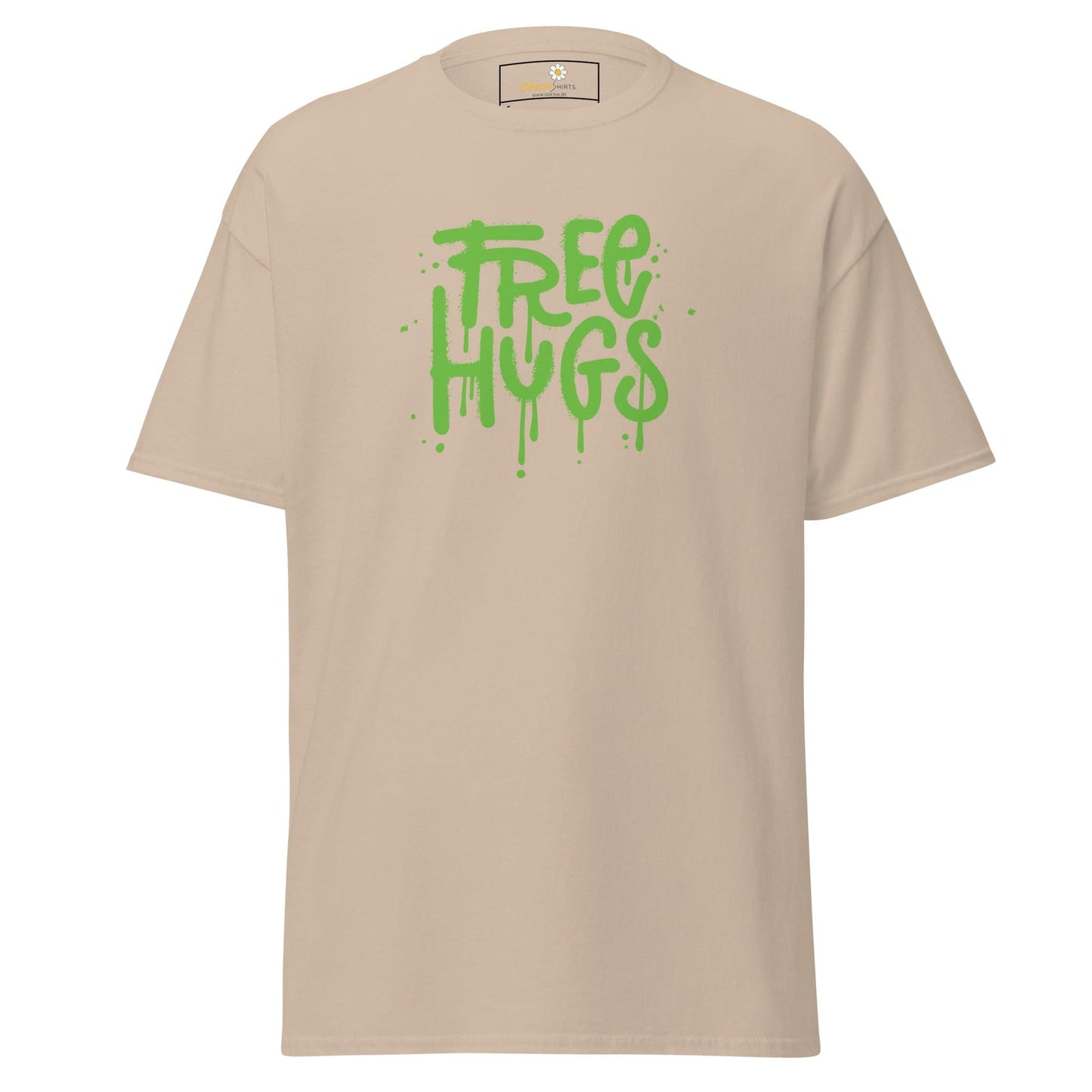 Beige T-shirt with green graffiti design displayed in T-SHIRT DESIGN TEE for men and women