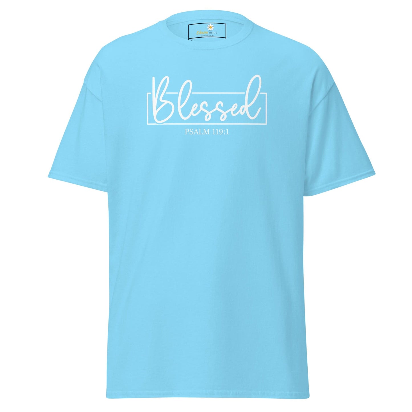 Light blue T-Shirt with Blessed graphic, suitable for men and women, available in S to XL sizes