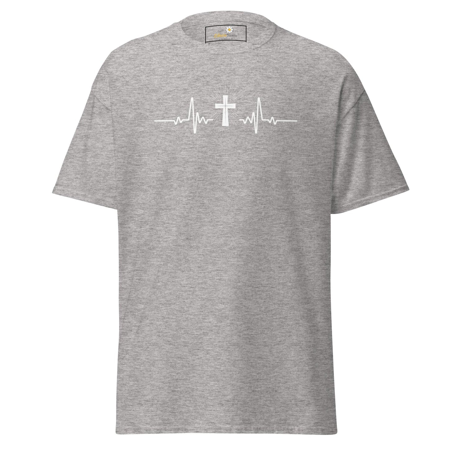 Gray T-shirt with cross heartbeat graphic for men and women, available in S to XL sizes