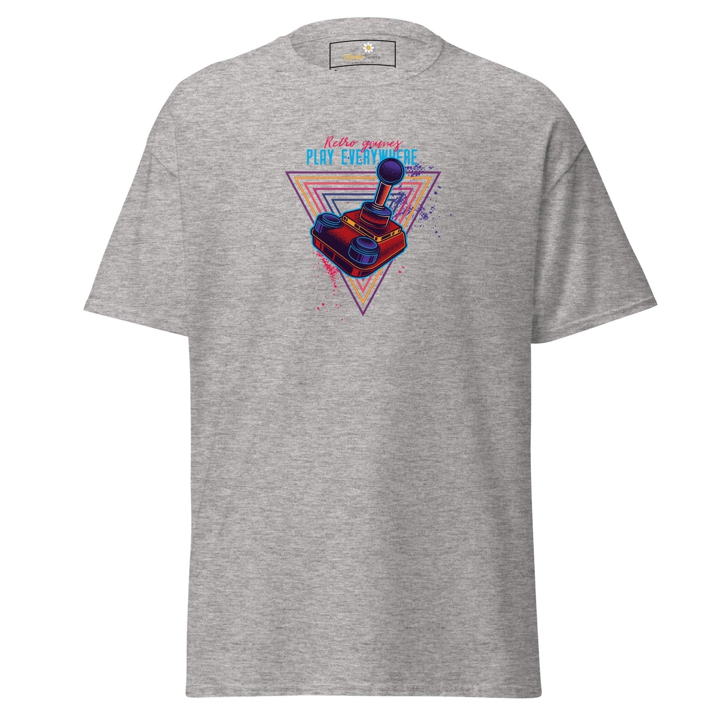 Gray T-shirt with retro gaming design, suitable for men and women, available in sizes S to XL