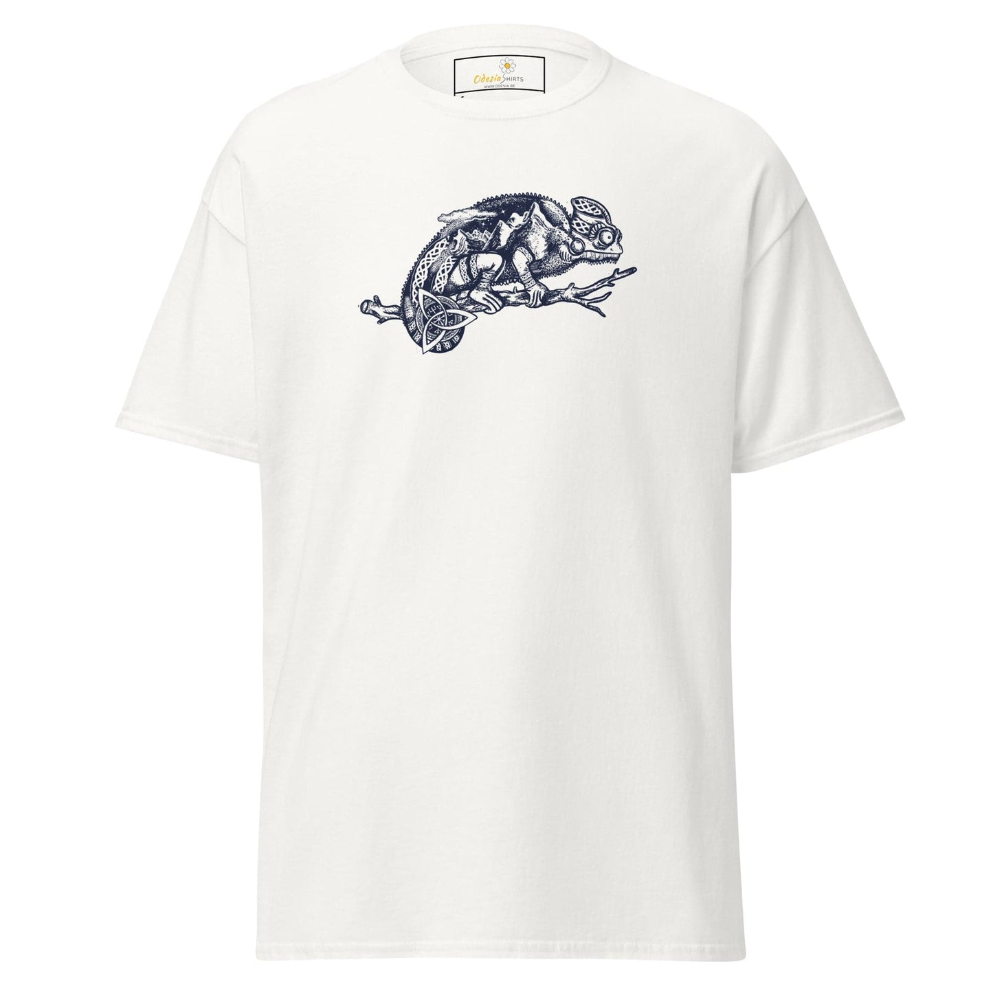 White T-shirt with a colorful chameleon graphic, available in S to XL for men and women