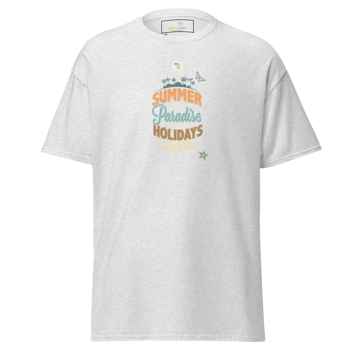 White t-shirt with summer-themed graphic.