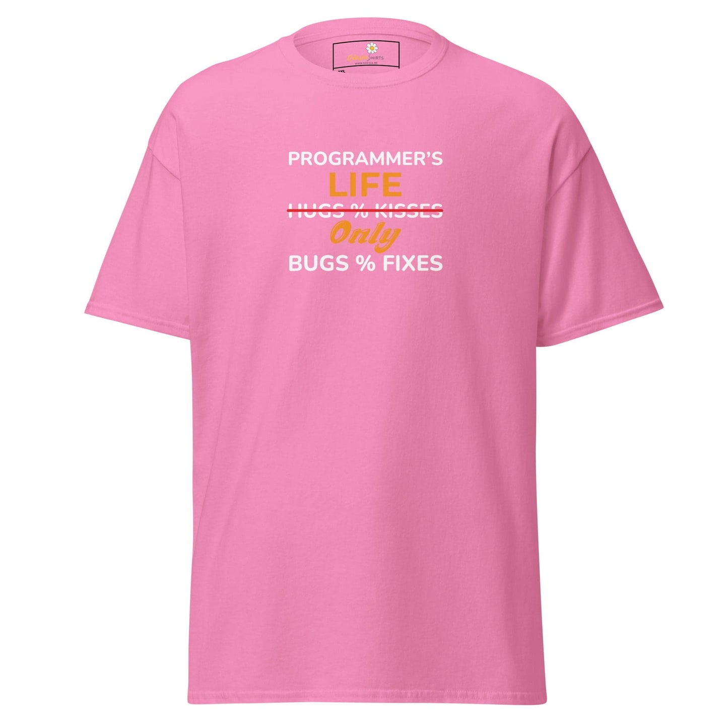 Pink t-shirt with programmer humor.
