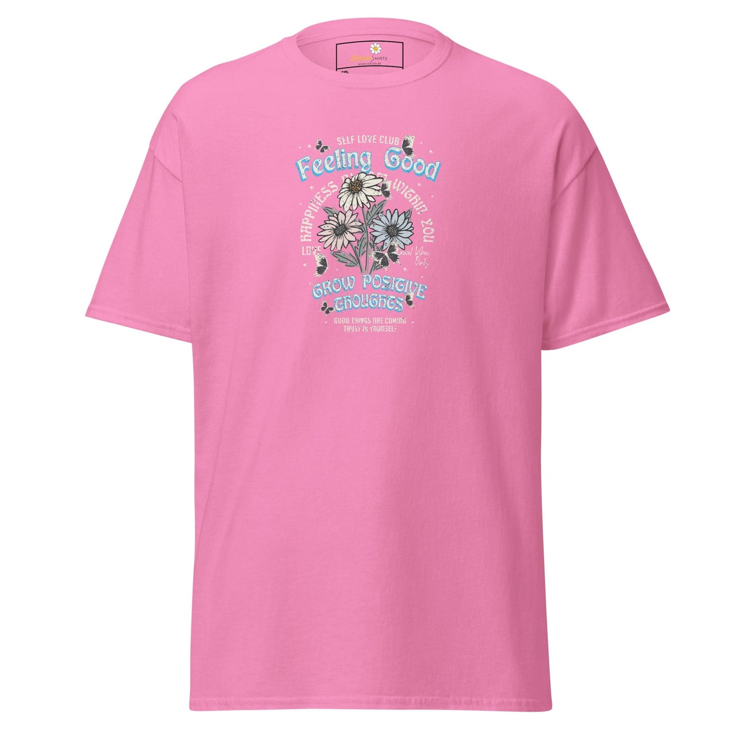 Pink t-shirt with floral graphic.