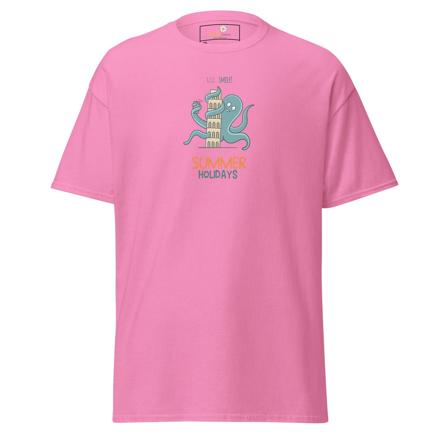 Pink t-shirt with octopus and tower graphic.