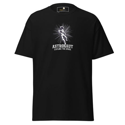 Black astronaut T-shirt displayed in men’s and women’s design available in 2XL to 5XL sizes