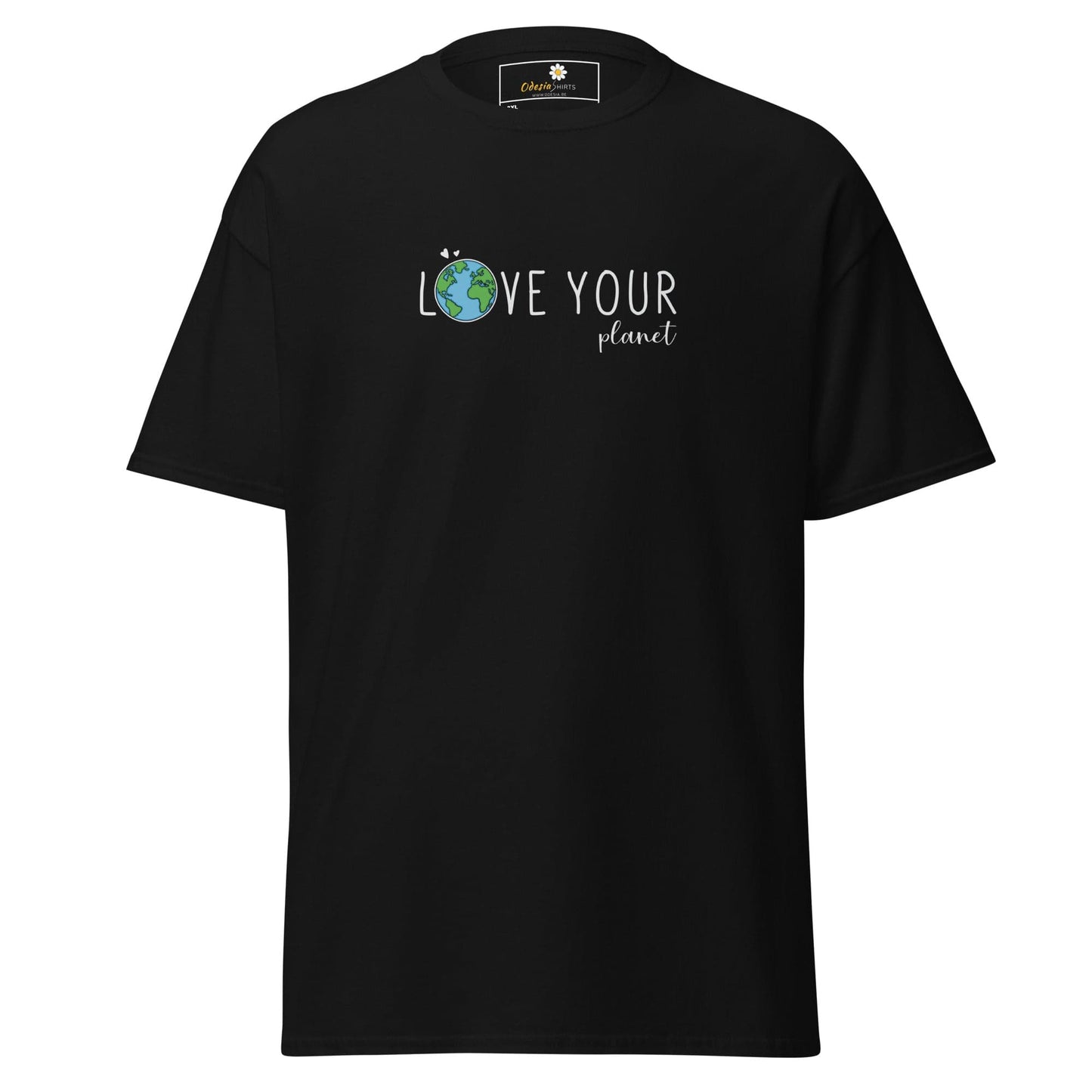 Black t-shirt with ’Love Your Planet’ design.