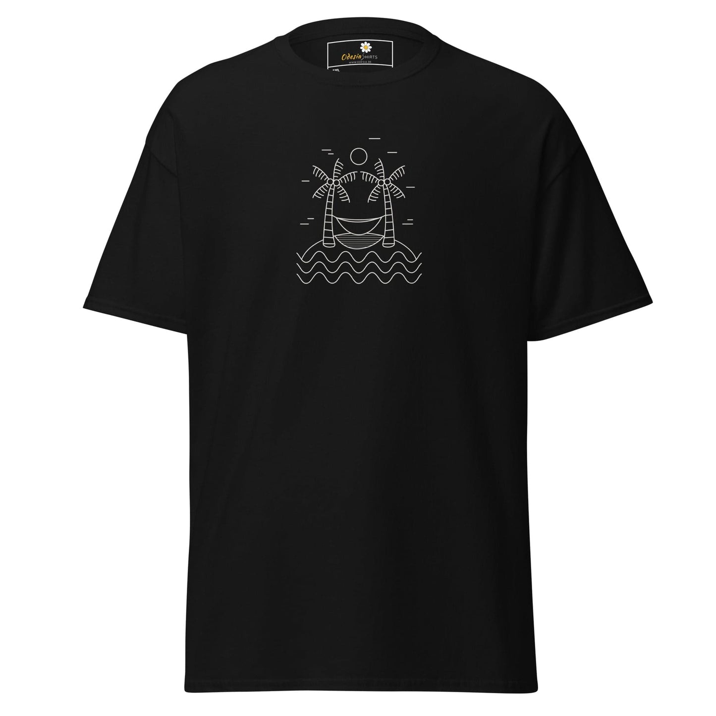 Black T-shirt featuring a detailed beach scene graphic for men and women in 2XL to 5XL sizes