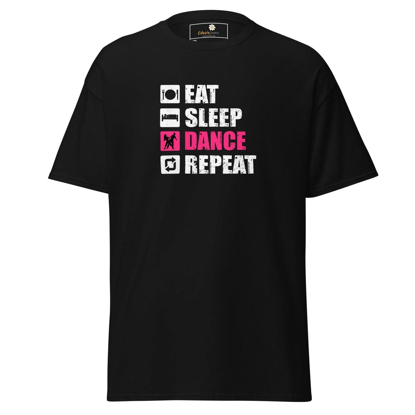 Black t-shirt with ’Eat Sleep Dance Repeat’ graphic.