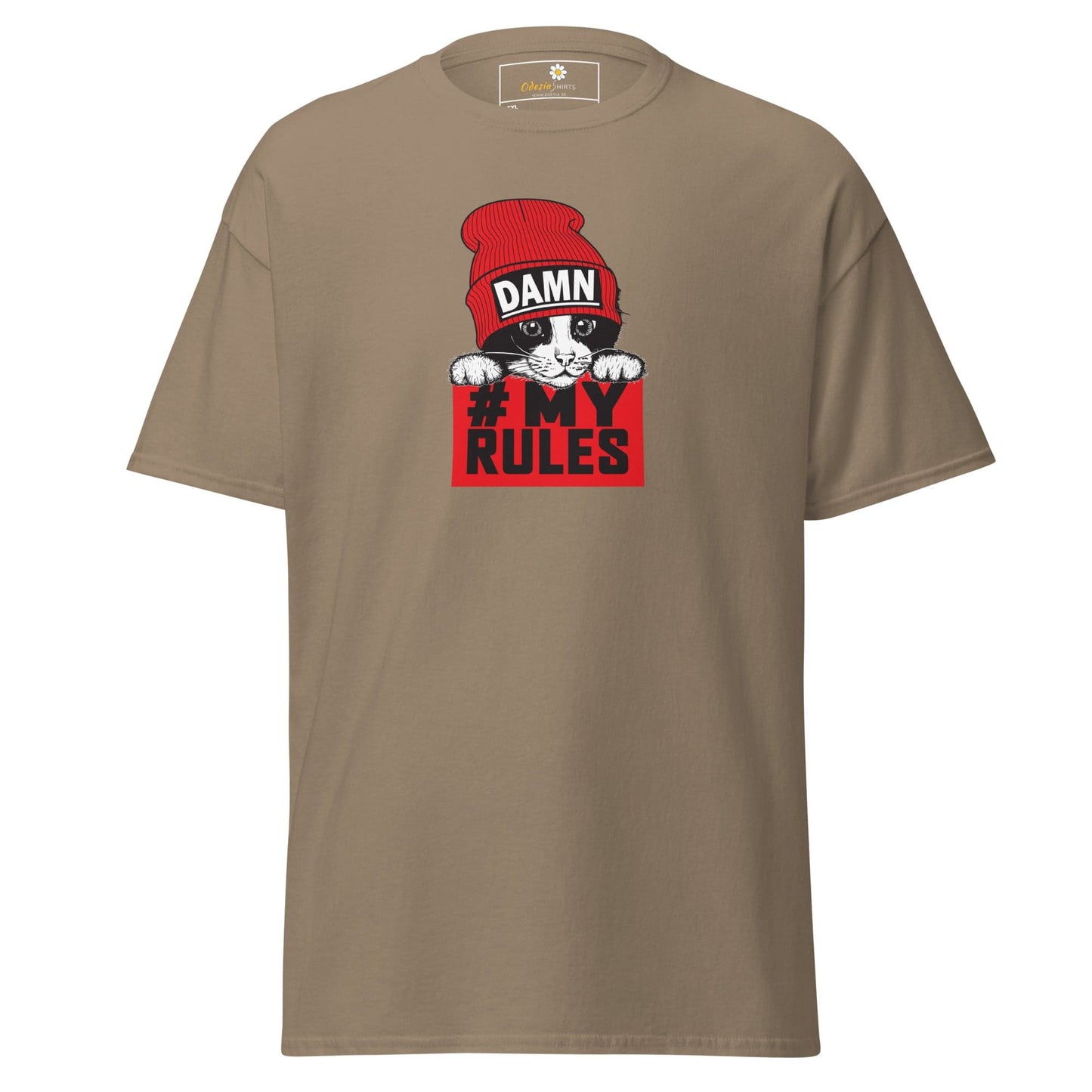 Khaki t-shirt with cat graphic.