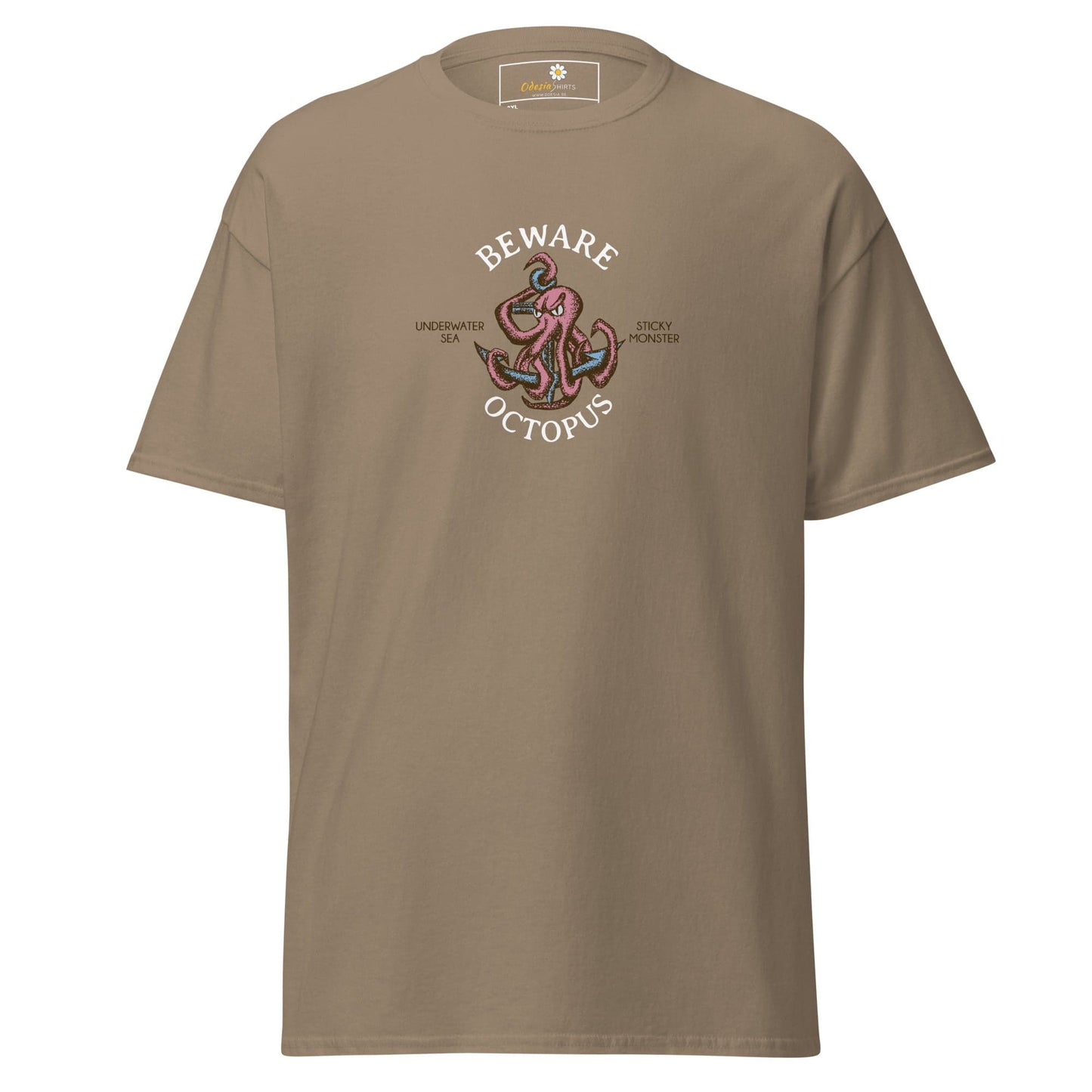 Khaki T-shirt with octopus graphic designed for men and women in sizes 2XL to 5XL