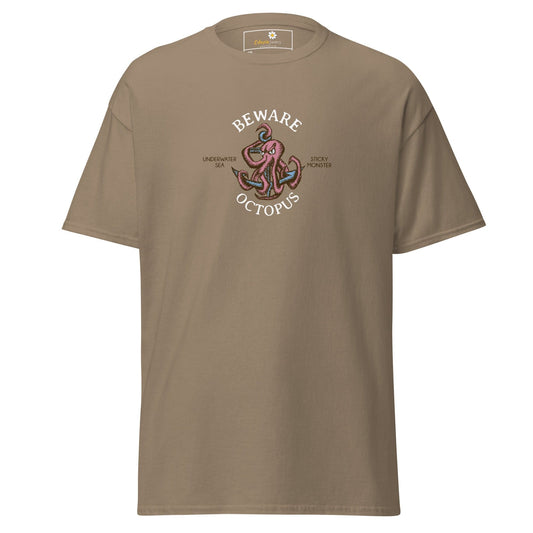 Khaki T-shirt with octopus graphic designed for men and women in sizes 2XL to 5XL