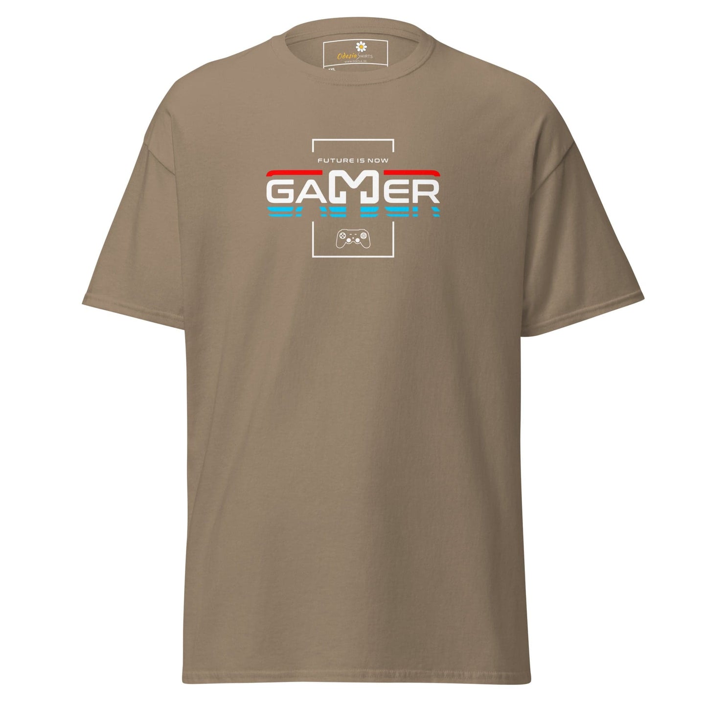 Khaki gamer t-shirt.