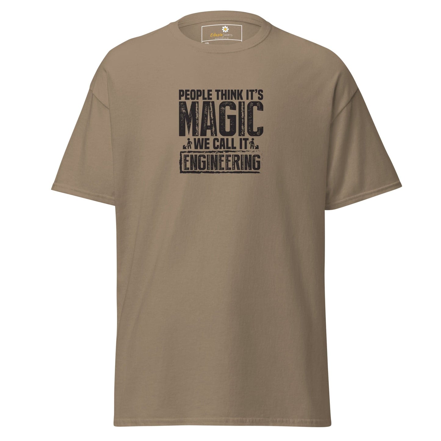 Khaki t-shirt with engineering slogan.