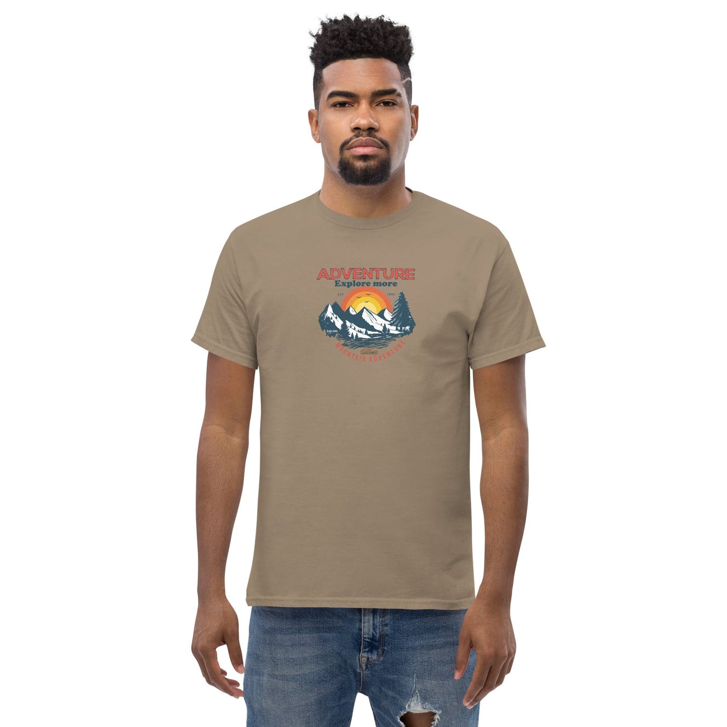 Man wearing a tan t-shirt.