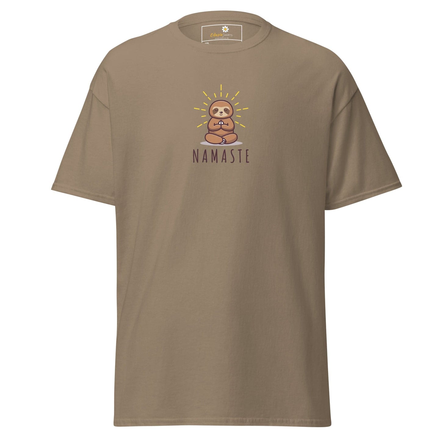 Khaki t-shirt with sloth graphic.