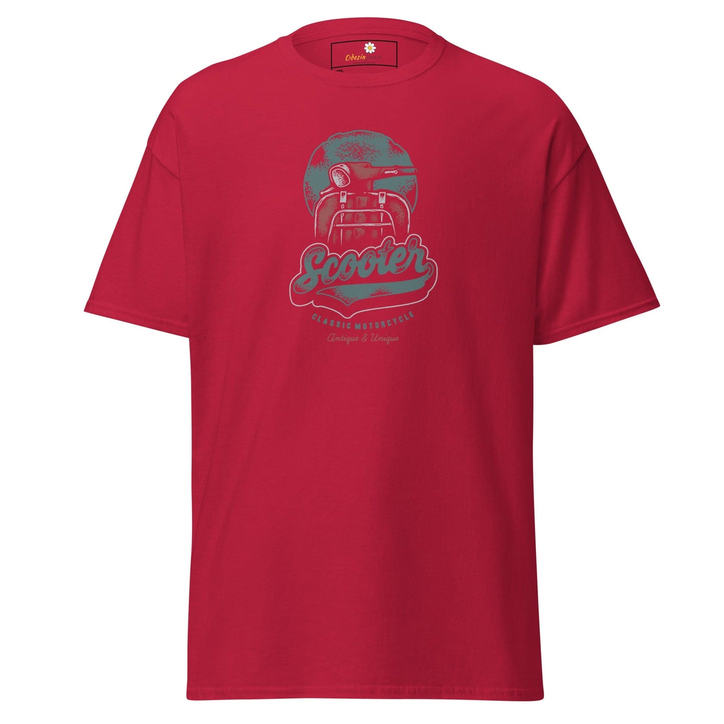 Red t-shirt with scooter graphic.
