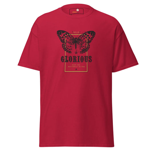 Red T-shirt with butterfly graphic for men and women in sizes 2XL to 5XL