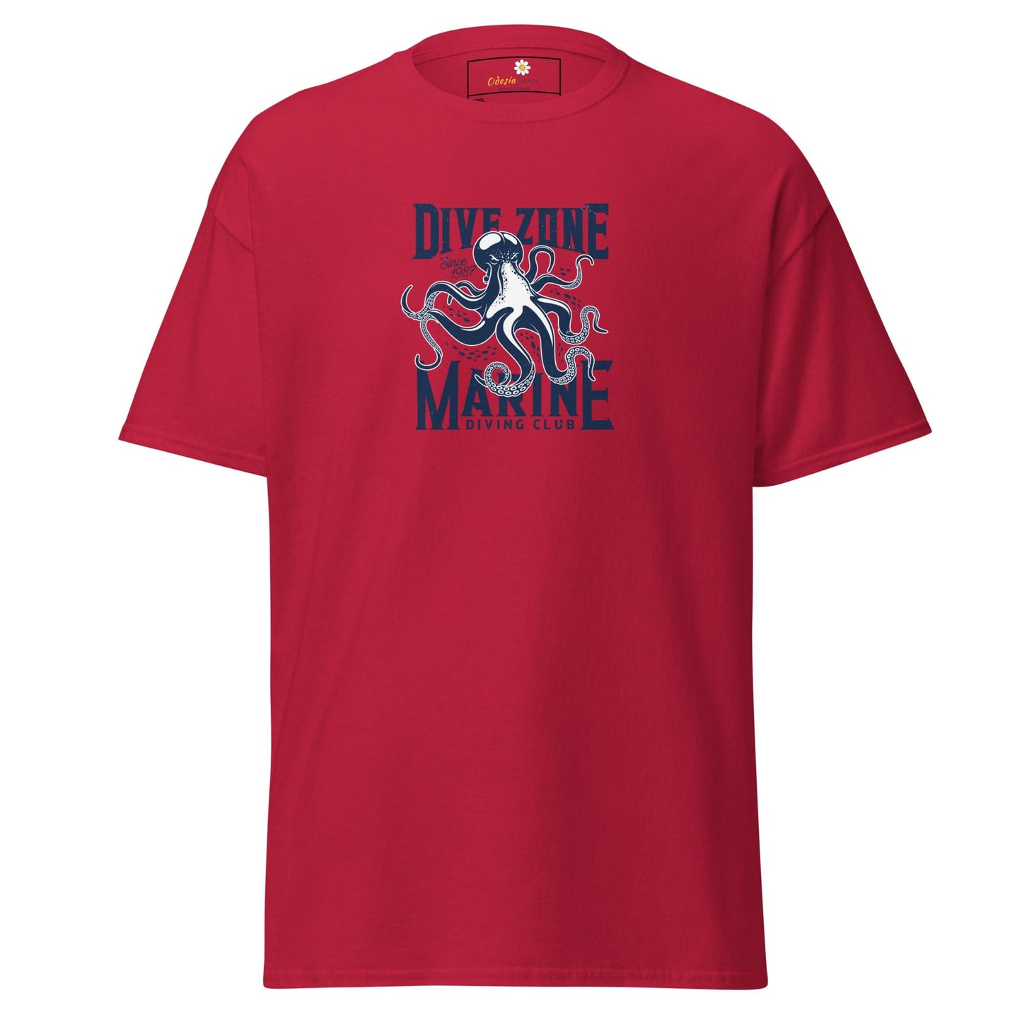Red t-shirt with octopus graphic.