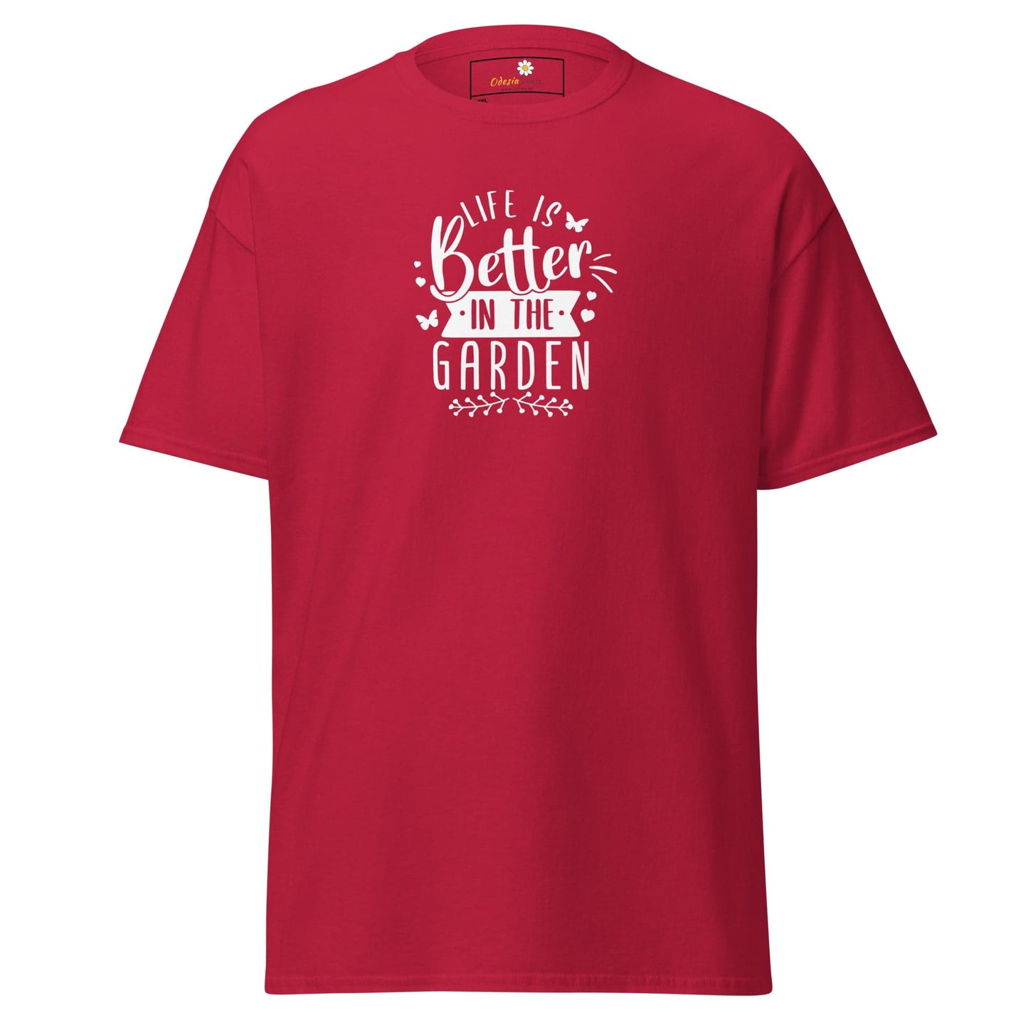 Red t-shirt with garden-themed graphic.