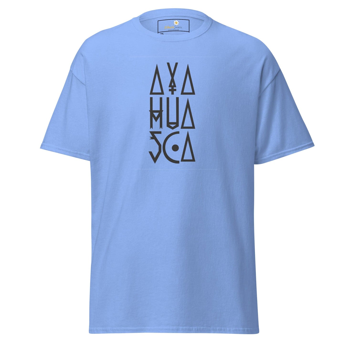 Light blue t-shirt with geometric design.