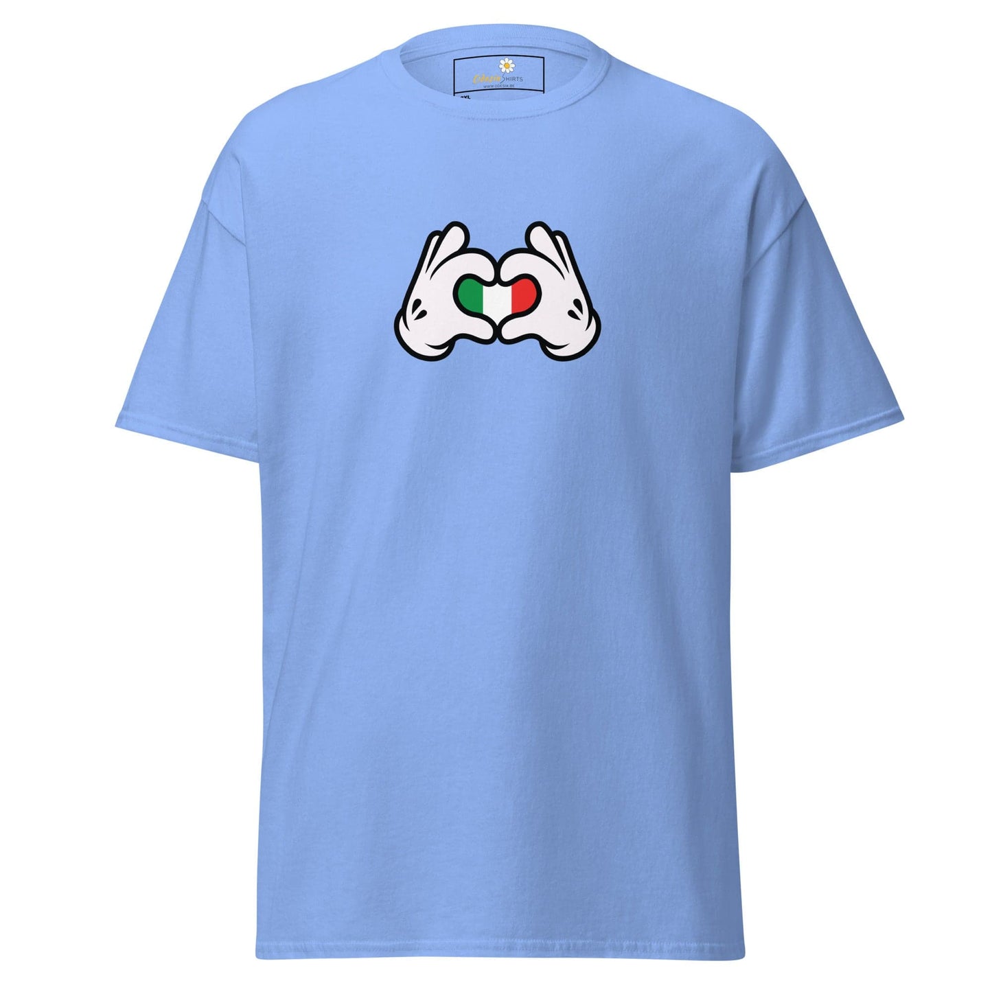 Light blue t-shirt with heart-shaped hands.